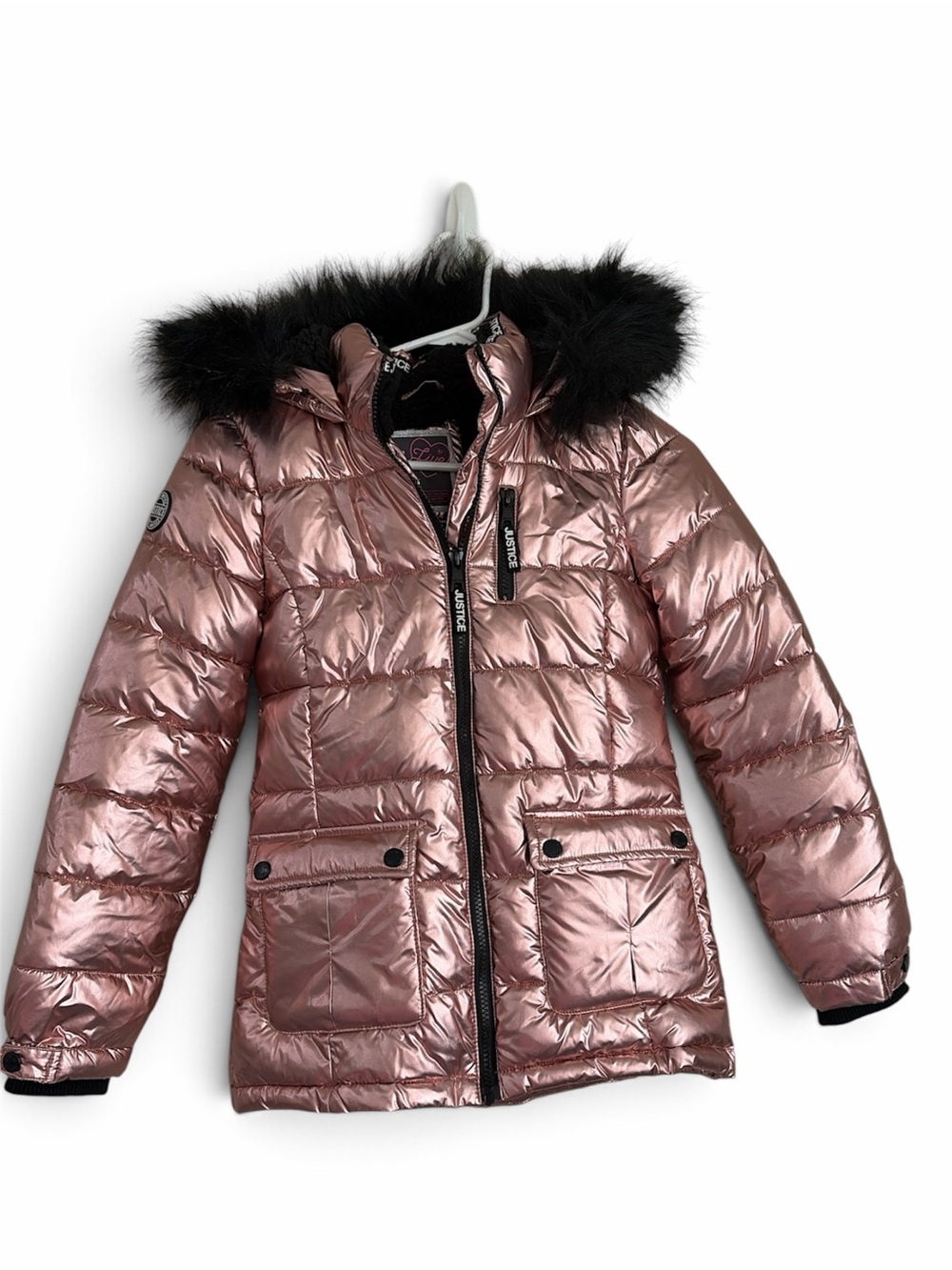 Justice Metallic Rose Gold Puffer Coat with Faux Fur Hood